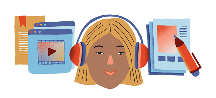 Illustration of person with headphones surrounded by other media.