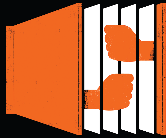 Illustration of hands behind pages of a book stylized as prison bars.