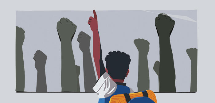 Illustration of young person raising their hand in response to other raised fists.