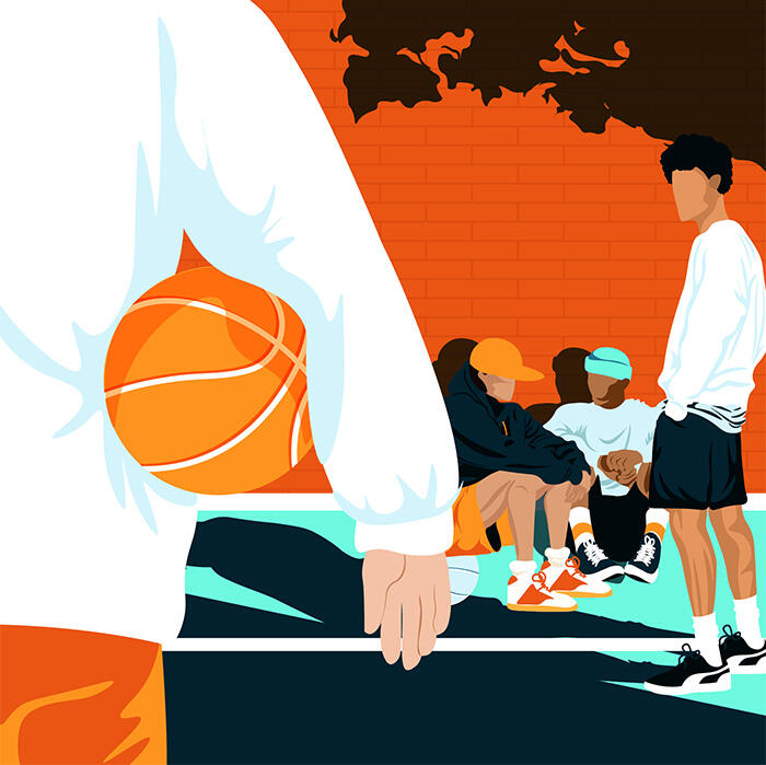 Illustration of people gathering at a basketball court.