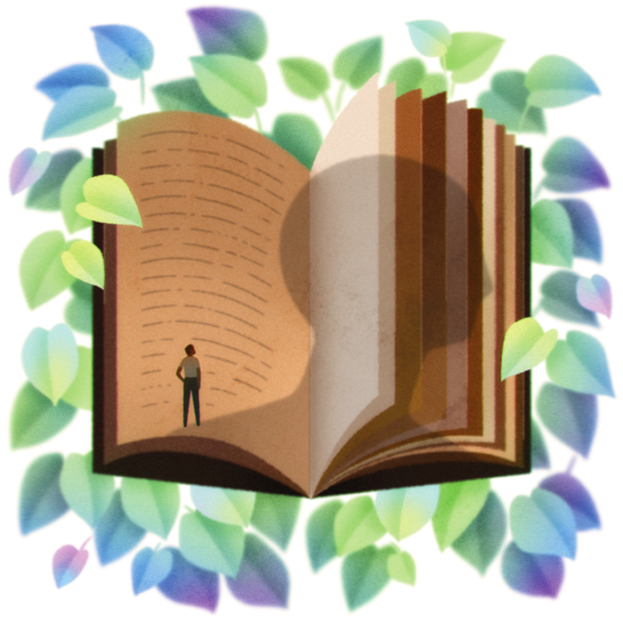 Illustration of a person standing in front of a large open book.