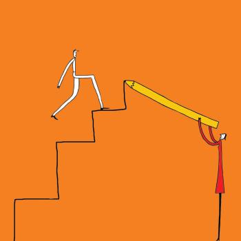 Illustration of someone going upstairs as another person draws more stairs