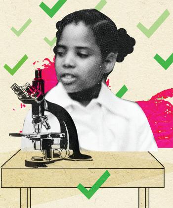 Teaching Tolerance illustration- girl sits at desk with microscope
