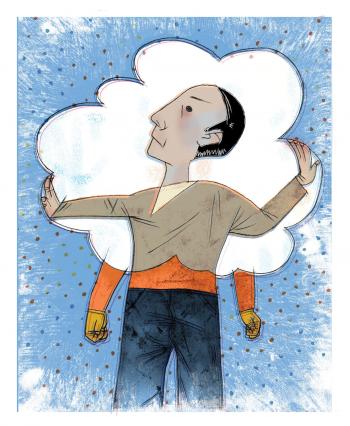 Illustration of a man trying to escape the boundaries of a cloud