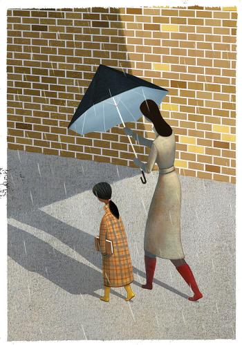 Illustration of a woman holding an umbrella over a girl's head