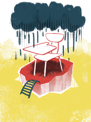 Illustration of a school desk on a lone island under a dark rain cloud.