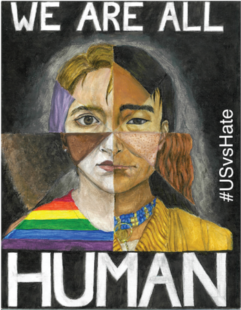 Illustration of a diverse group of people split into various segments, showing all their faces. The words "We Are All Human" frame the illustration.