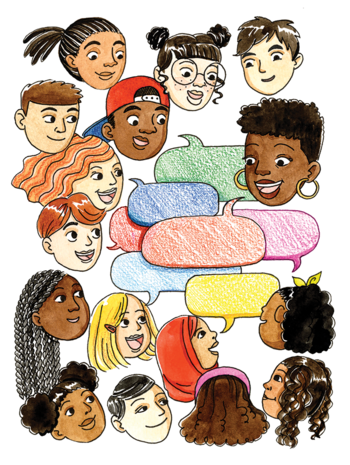Illustration of a diverse group of talking heads, several of which have colorful speech bubbles hovering near them.