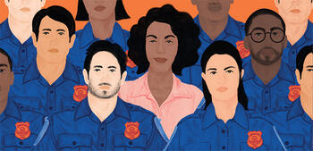 Illustration of a person among a group of police officers.