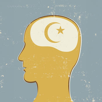 A drawing of a person's head with the star and moon symbol of Islam inside.