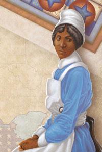African American woman dressed in blue and white
