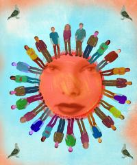 Teaching Tolerance illustration of a sun with face surrounded by a variety of persons