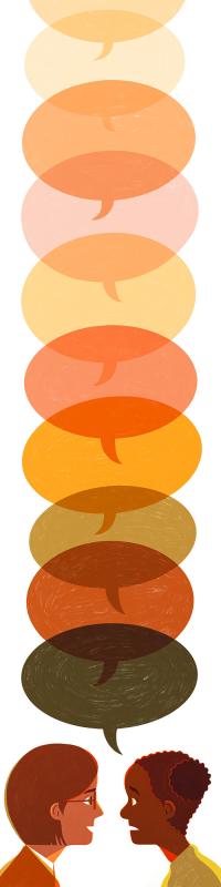 Illustration of two people having a conversation with various multi-colored speech bubbles extending out in a line above them.